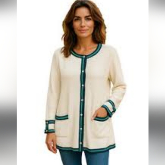 Talbots White and Green Cardigan with Nautical Trim - Picture 1 of 8